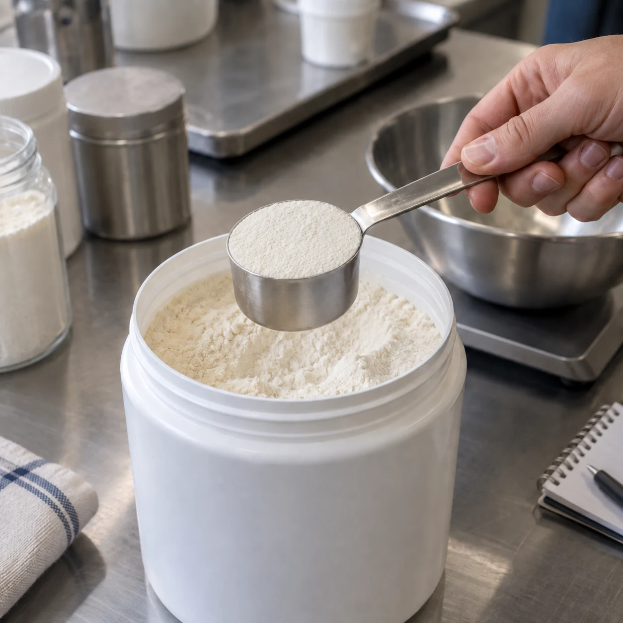 Stainless steel measuring scoop taking a portion of fine powder from a container on a workbench