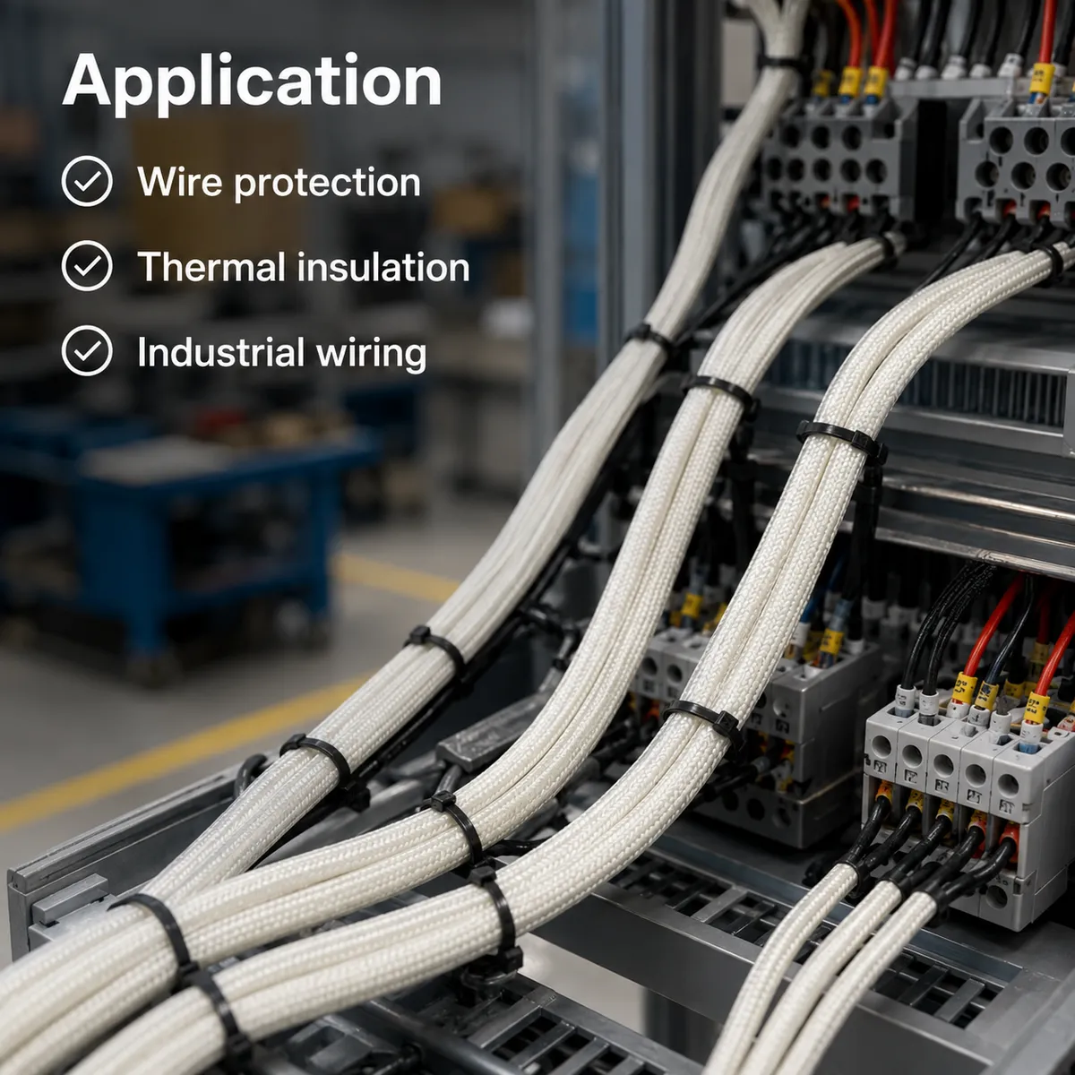 Braided fiberglass sleeves used for wire protection in an electrical control panel