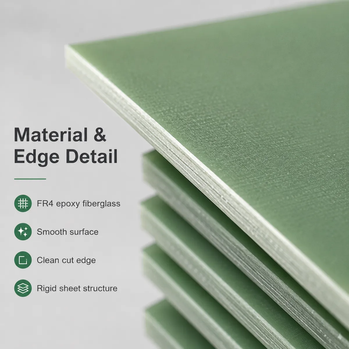 Close-up of FR4 epoxy fiberglass sheet edge and laminate structure