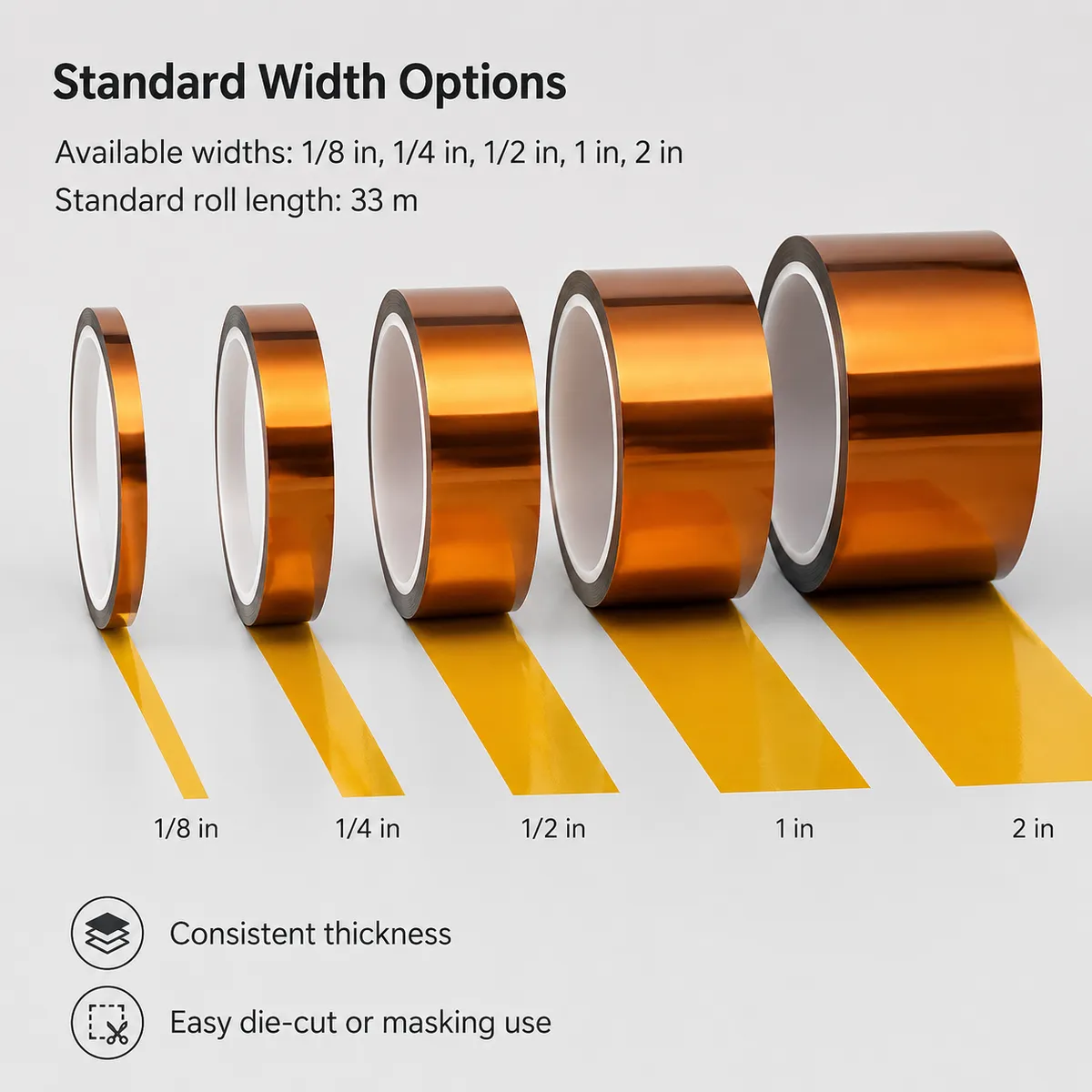 Standard width options for amber polyimide masking tape rolls