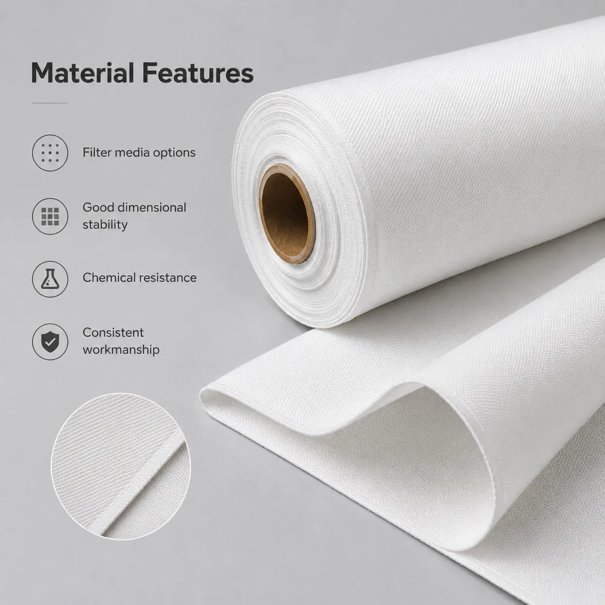 Filter cloth material features for stable filtration performance