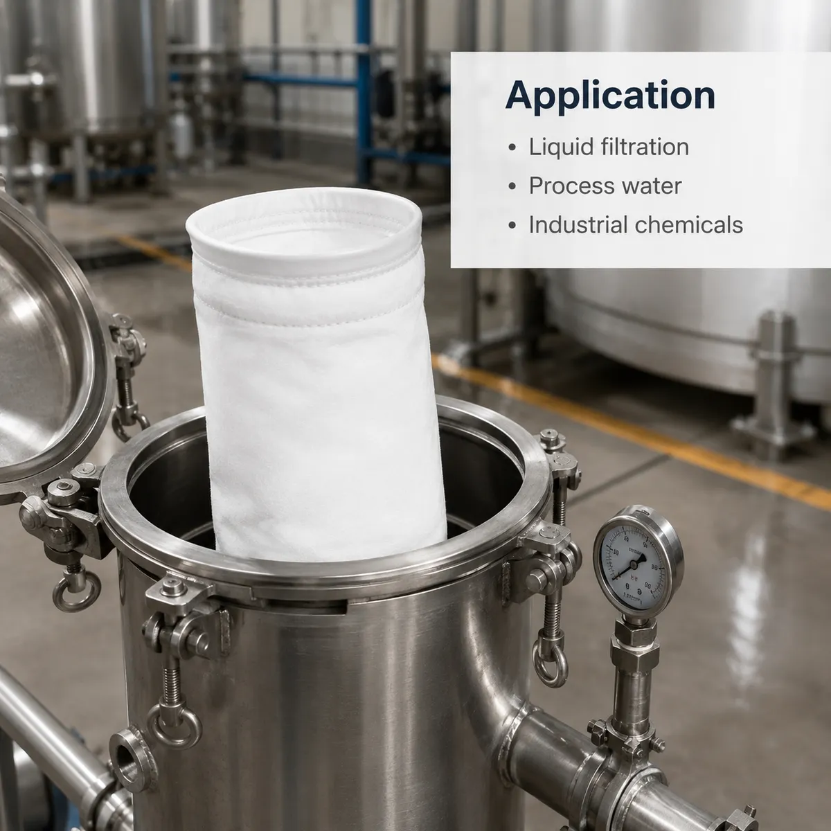 Industrial filter bag used in liquid filtration housing