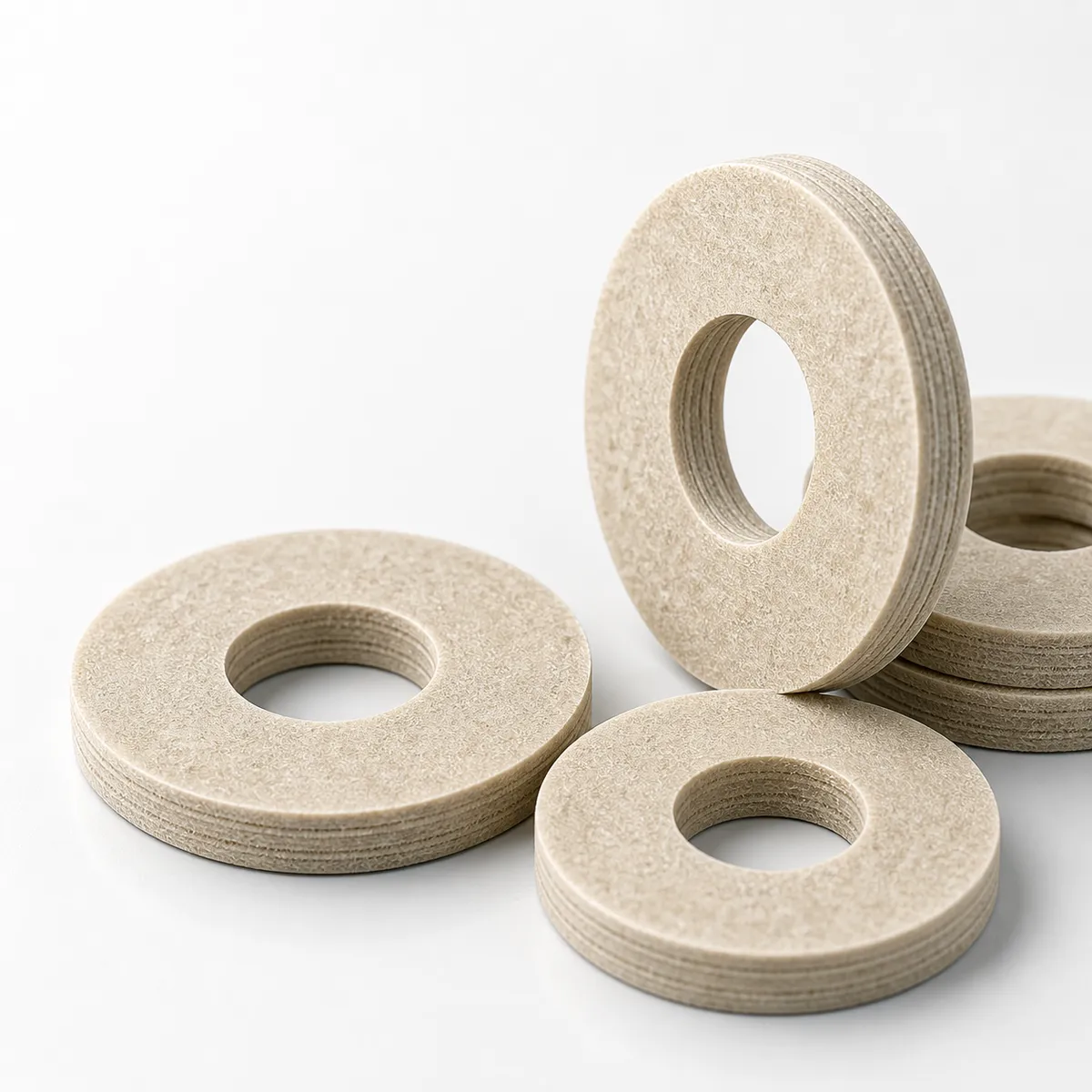 Close-up of flat insulating washers showing clean surface and consistent dimensions