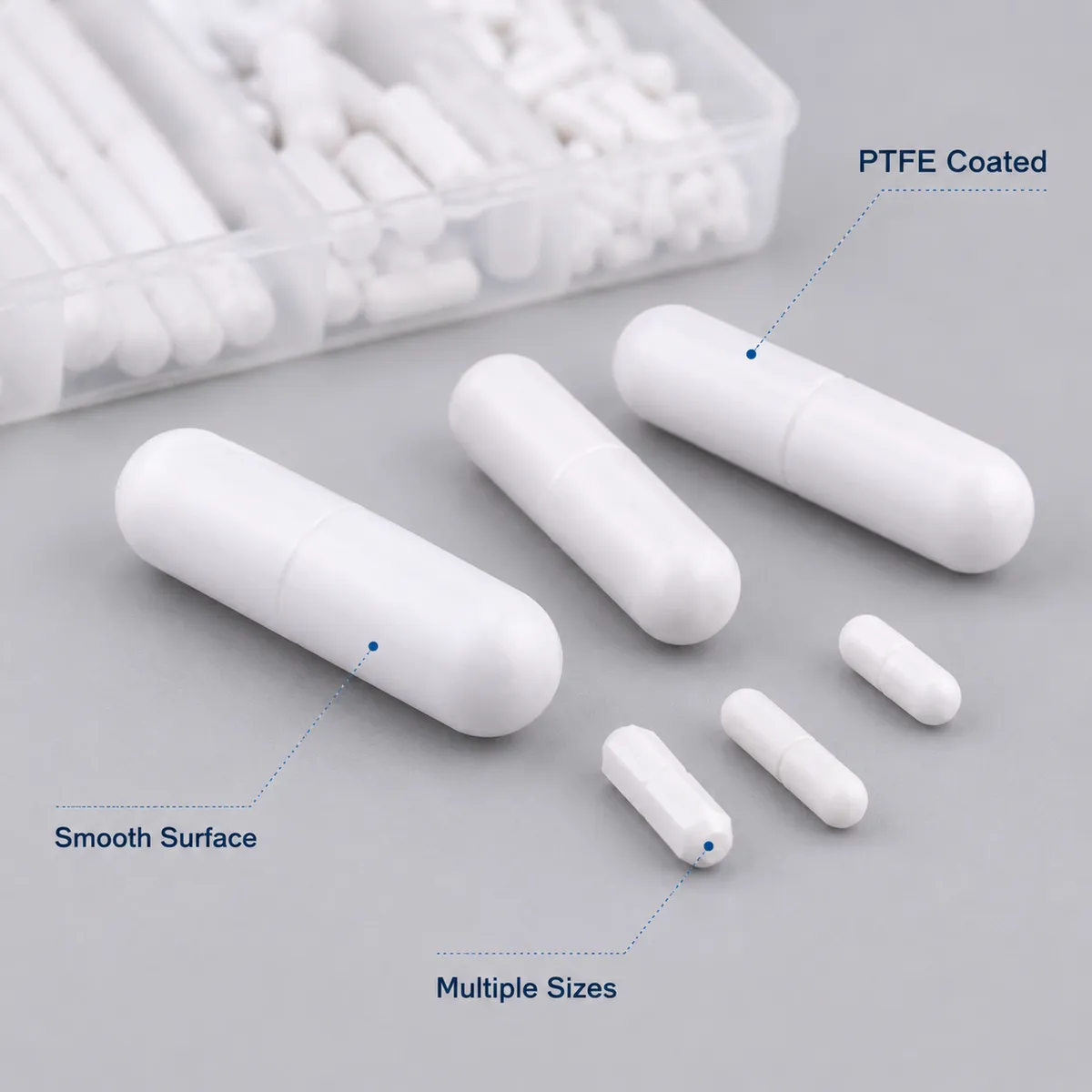 Close-up of PTFE coated magnetic stir bars with smooth surface and multiple sizes