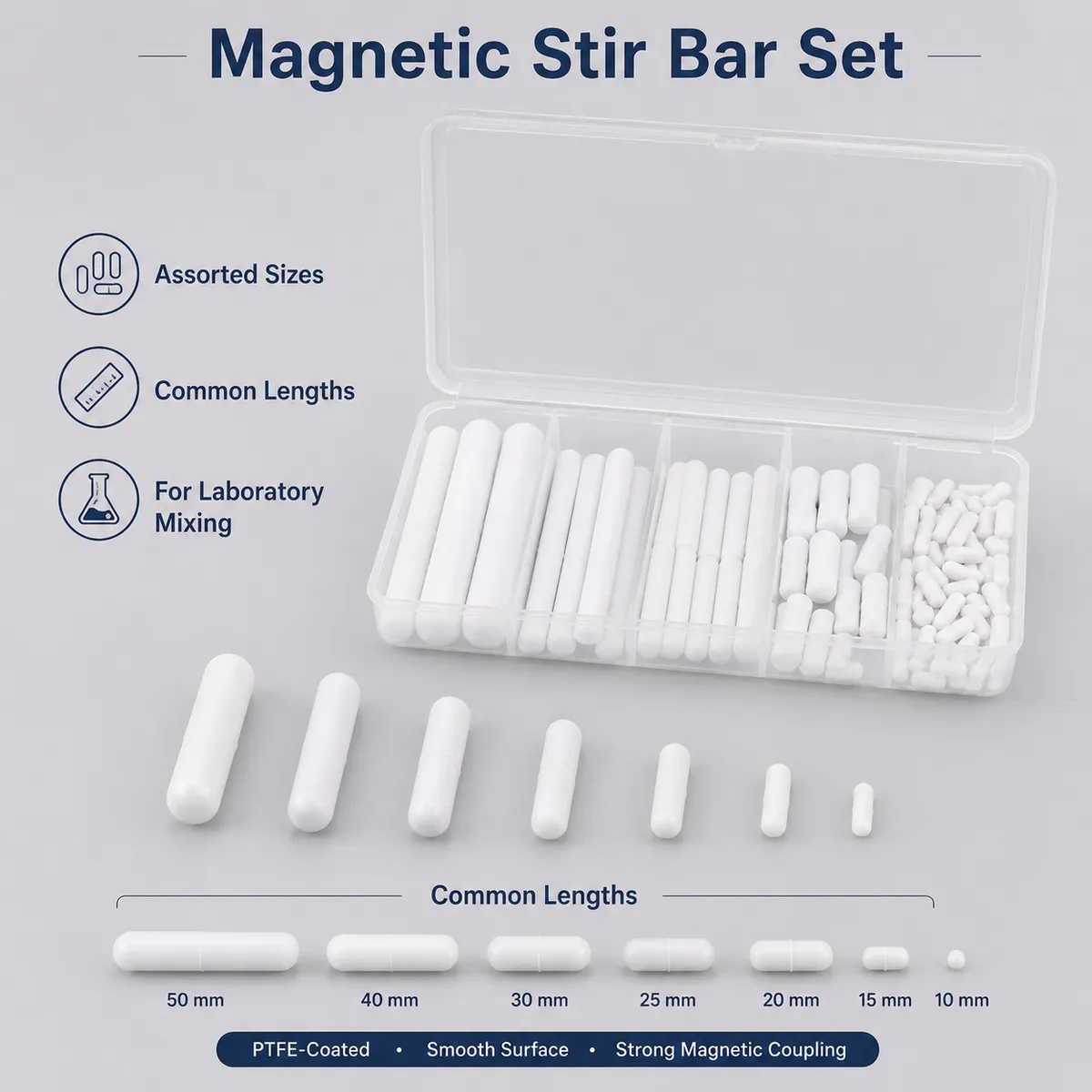 Magnetic stir bar set size chart with common laboratory lengths