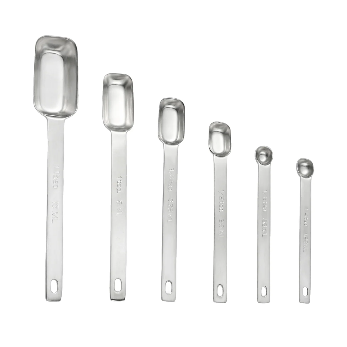 Six narrow rectangular stainless measuring scoops in different marked sizes