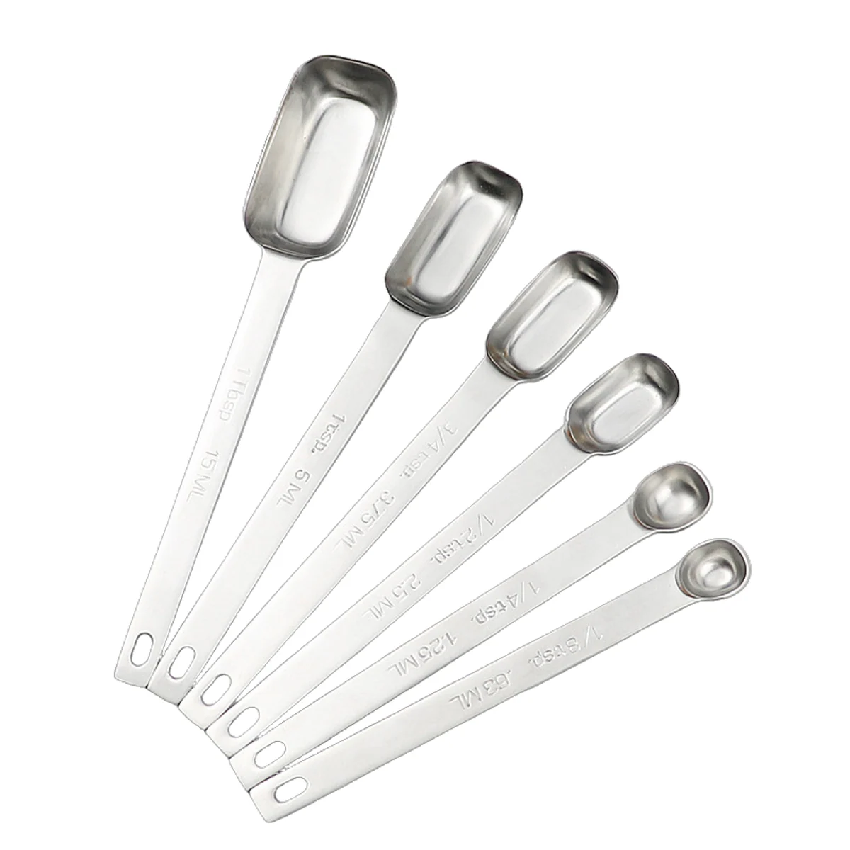 Six narrow rectangular stainless steel measuring scoops arranged by bowl size
