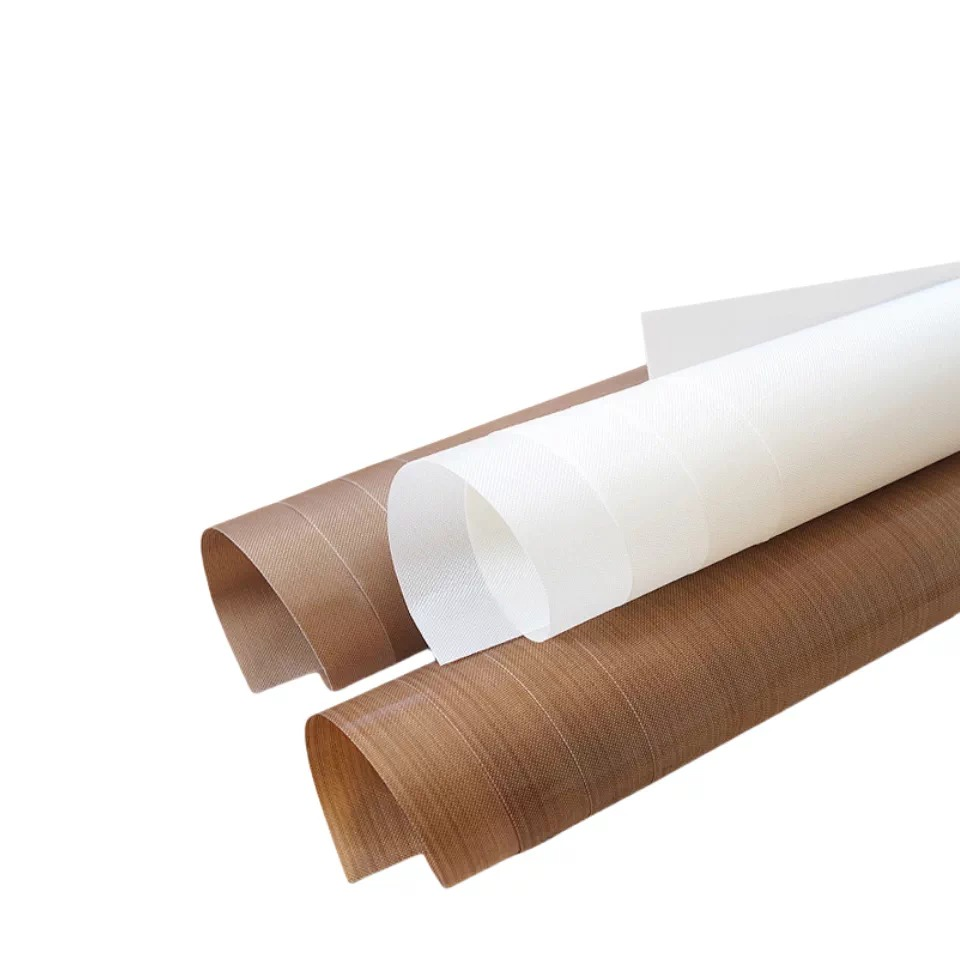 Brown and white PTFE coated fiberglass fabric with flexible curled edges
