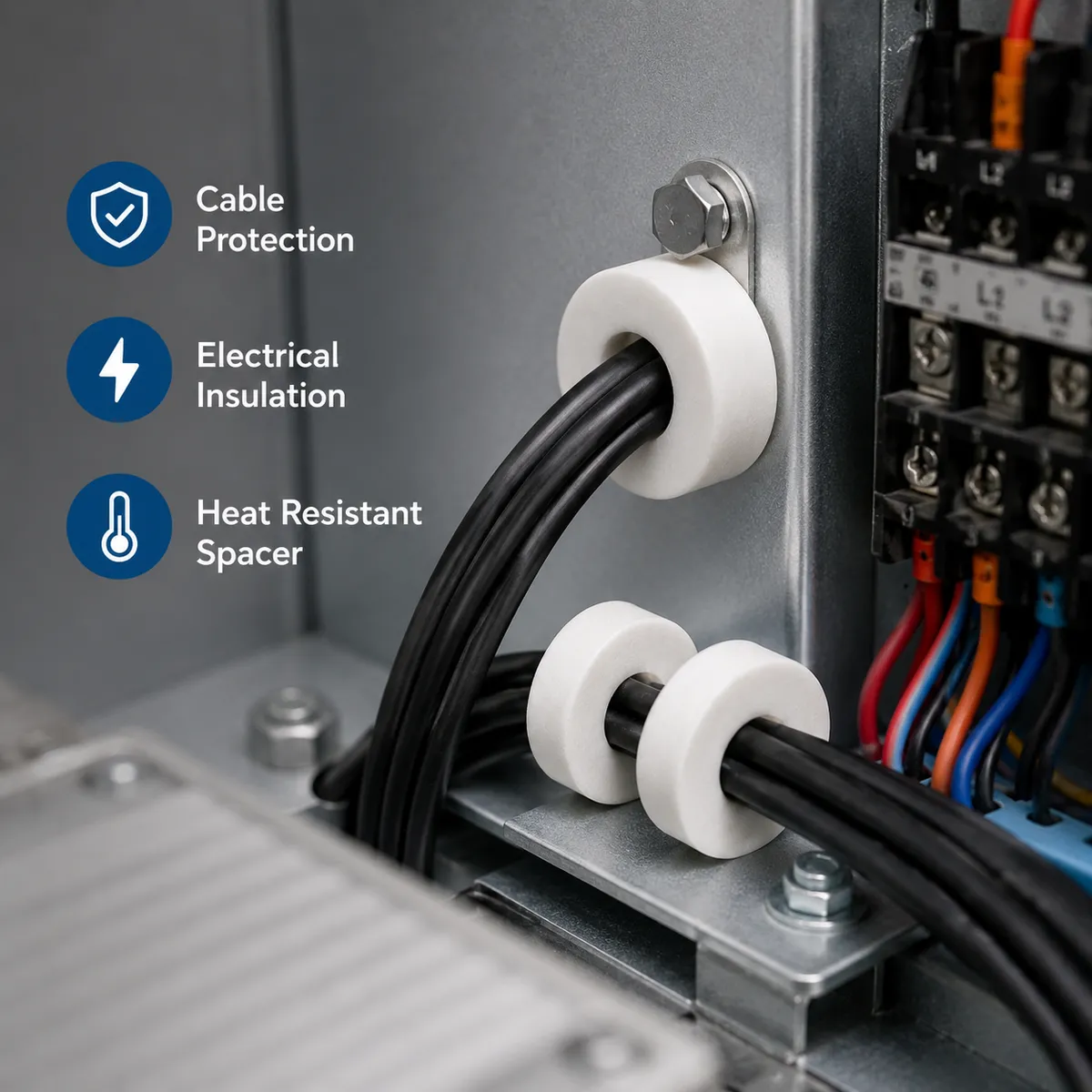 Ceramic spacer washers used for cable protection and electrical insulation
