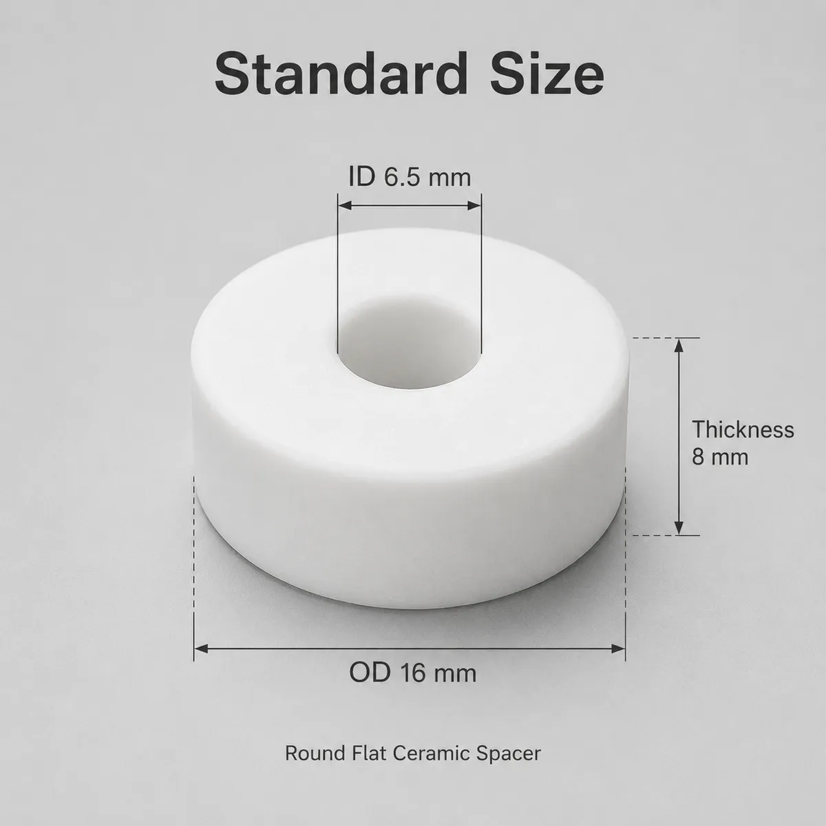 Technical size diagram for 6.5 mm ID, 16 mm OD, and 8 mm thick ceramic washer