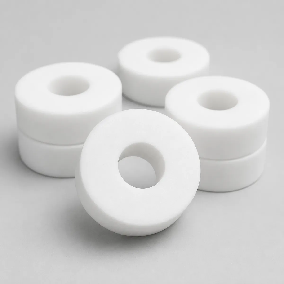 White round flat ceramic spacer washers on a light gray background