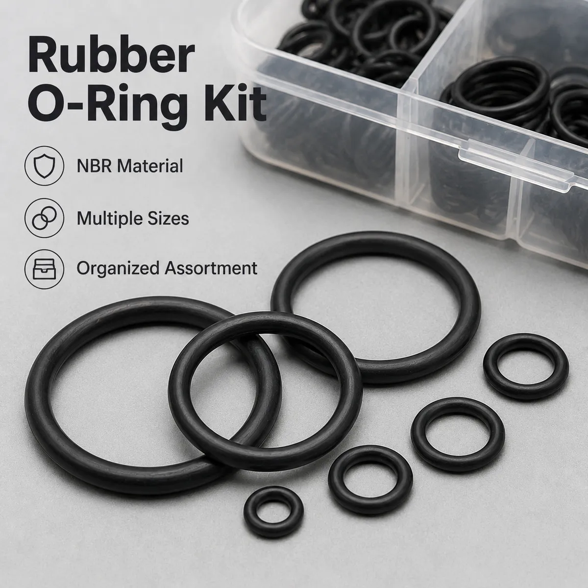 Rubber O-ring kit detail image showing NBR material and multiple sizes