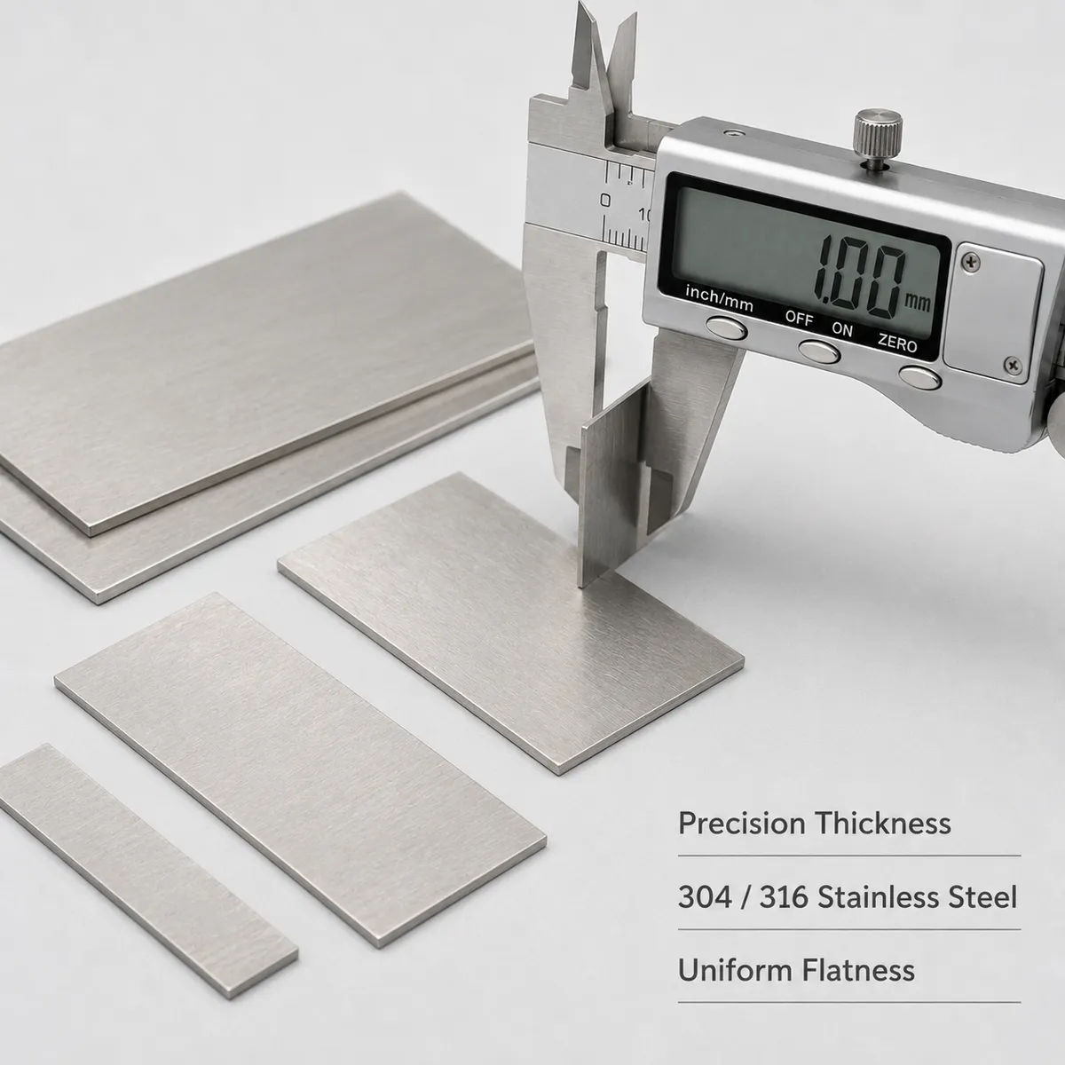 Digital caliper measuring stainless steel shim thickness