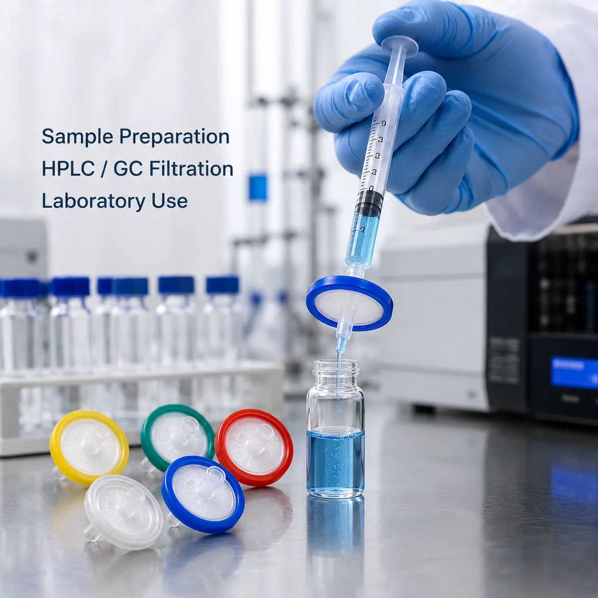 Syringe filter used for laboratory sample preparation and HPLC filtration