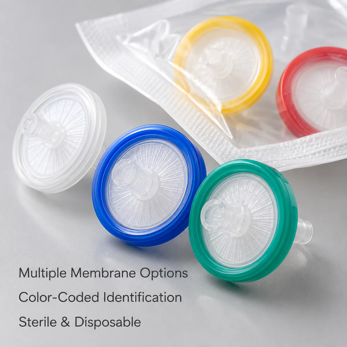 Close-up of color-coded syringe filters with sterile packaging