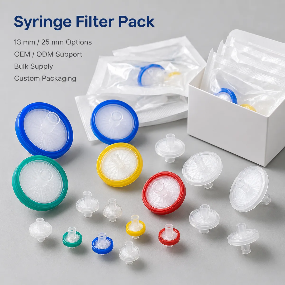 Syringe filter pack options for 13 mm and 25 mm sizes