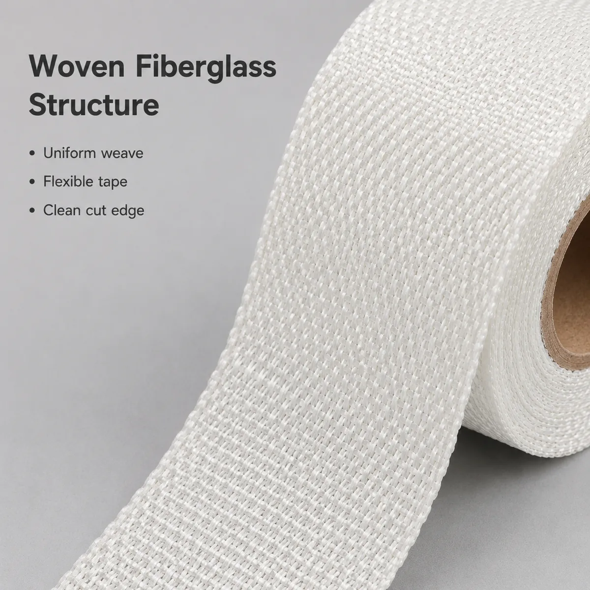 Close-up of woven fiberglass tape structure and clean cut edge